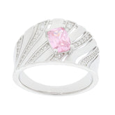 Cushion pink sapphire ring in sterling silver with moissanite accents, showcasing elegant design and luxury.